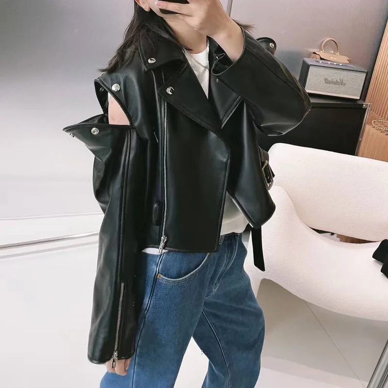 Lady Genuine Sheepskin Leather Jackets Fashion Motorcycle Jackets Women Real Leather Coat With Belt Autumn Winter ZM5453