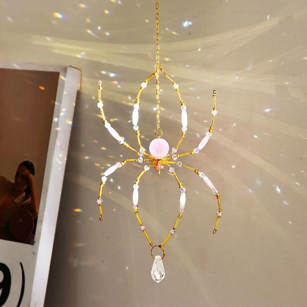 Eight-Leg Spider Shape Crystal Spider Sun Catcher Beaded Wire Gold-Tone Chain Window Hanging Spider Decor Handmade Exquisite