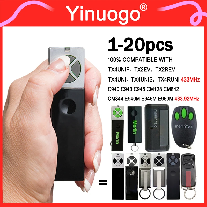 For TX4UNI TX2EV TX2REV TX4RUNI TX4UNIS TX4UNIF 433MHz Garage Door Remote Control MERLIN E950M E940M E945M C940 C943 433.92MHz