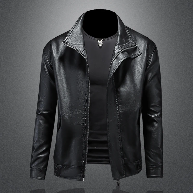 

Модная кожаная куртка с воротником-стойкой, мужская осенне-зимняя повседневная облегающая верхняя одежда Busin, длинная застежка-молния