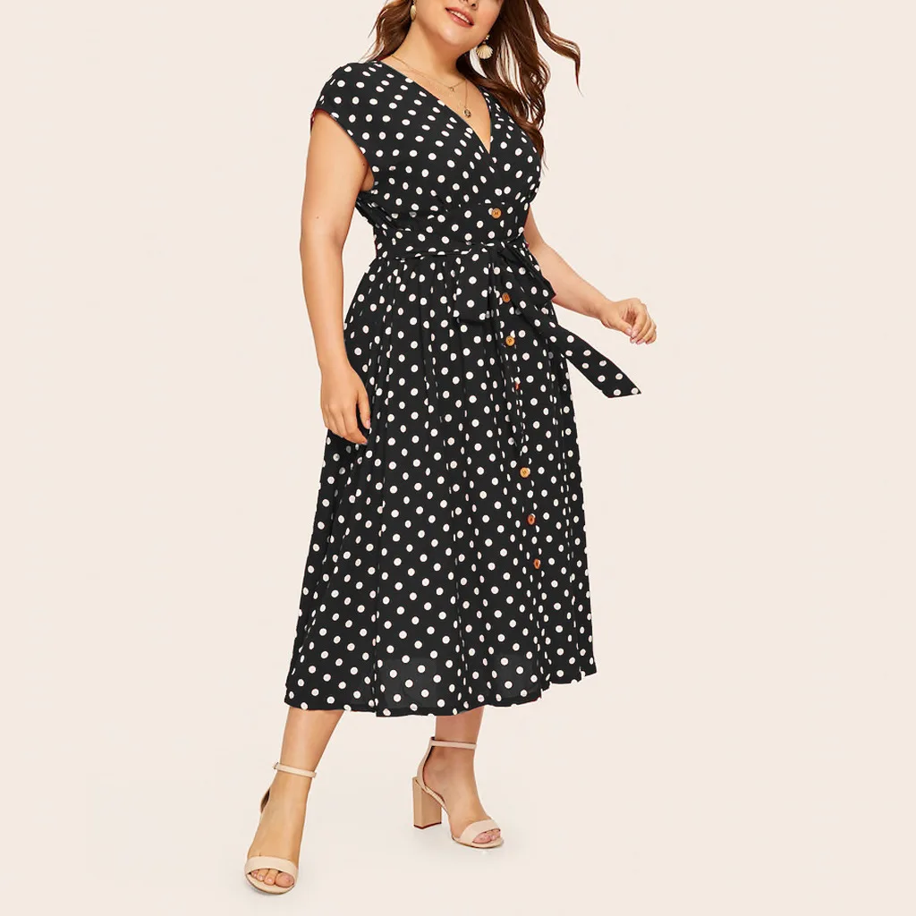 eDressU 2022 Spring Summer Women Plus Size Vintage Polka Dot Dress Mid-Calf V Neck Buttons Belt Casual Daily Wear KYM-801