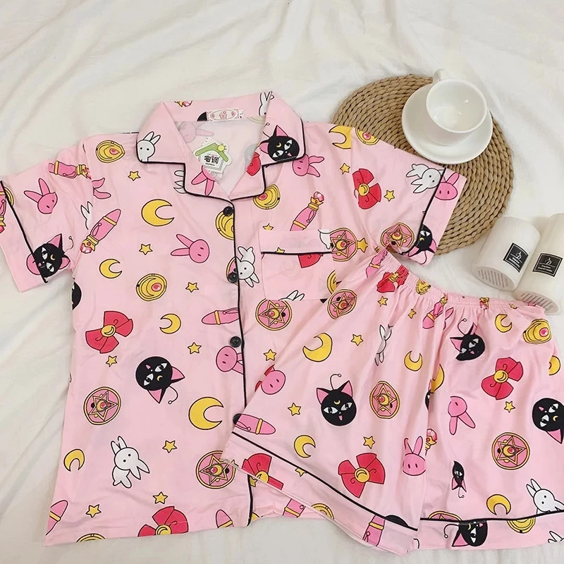 

Cute Print Women Pajamas Sets Summer Short Sleeve Cartoon Sleepwear Pink Pijama Mujer Female Nightsuit Cat Moon