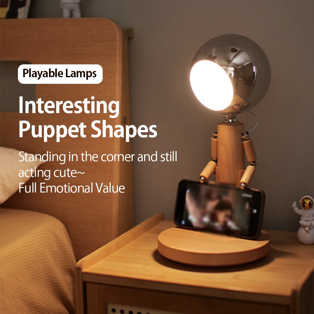 Wooden Robot Lamp Moon Penalty Station Table Lamp Creative Robot Shape Wooden Table Lamp Touch Control USB For Bedroom Desktop