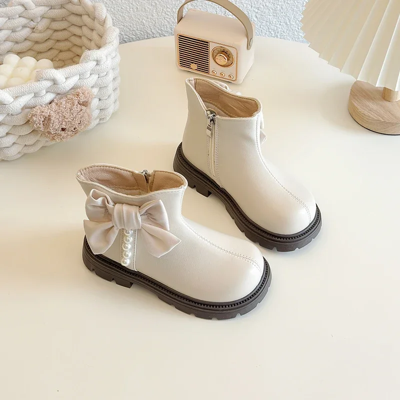 Novo inverno crianças botas para a menina doce bowknot princesa moda bege tornozelo botas elegantes versáteis botas de algodão causal das crianças