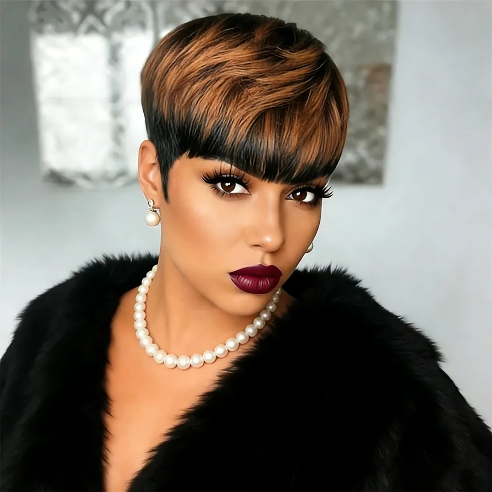 

Машинная работа, черный цвет/1B30, 150% плотность, парик из натуральных волос для женщин, короткий прямой парик-пикси, 6 дюймов, волосы Remy.