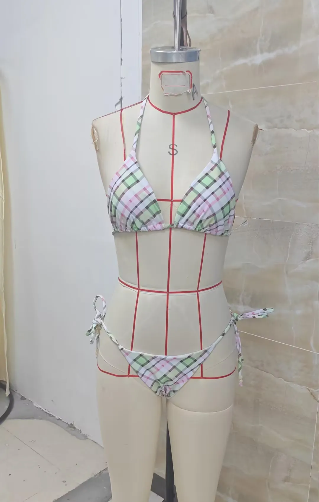 Women's Summer Bikini Set Plaid Print Halter Bra with Side Tie-up Low Waist Shorts 2 Pcs Swimsuit