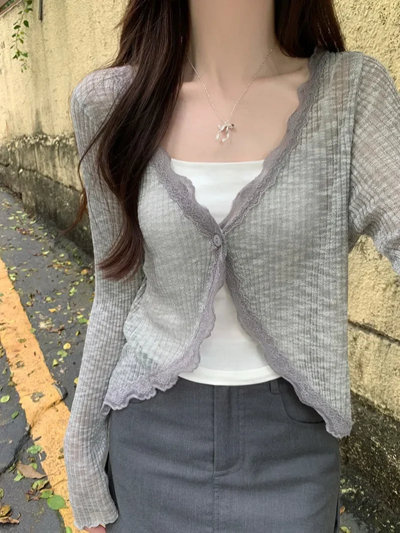 Lace Trim One Button Long Sleeve Crop Top Women Short Sleeve Open Front Ribbed Knit Cardigan Sweater Summer Fairycore Outfit