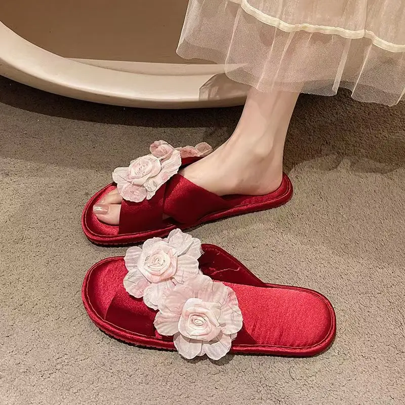 

Женские шелковые тапочки на плоской подошве с цветочным принтом, весна-лето, новые нескользящие универсальные домашние тапочки на мягкой подошве высокого качества, тапочки-тапочки