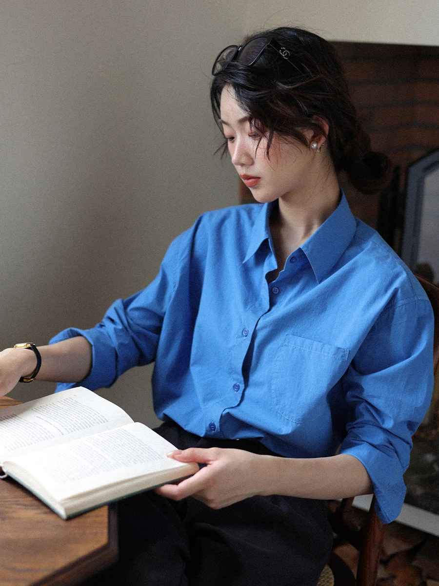 

Classic Cotton Blue Women's Long Sleeve Shirt Spring Autumn Comfortable Loose Fit Button Detail Fashionable Commute Style