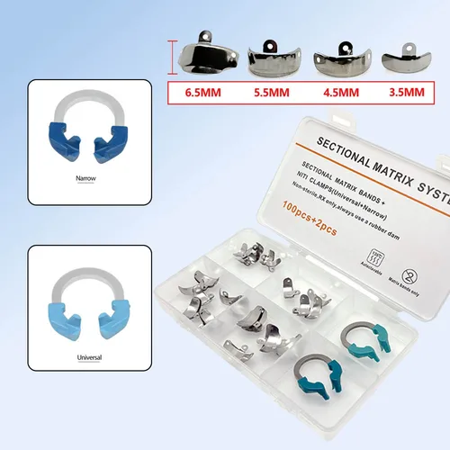 Kit de odontología restauradora profesional: 102 piezas de bandas de matriz de metal y anillos de sujeción NiTi para sistema de matriz seccional