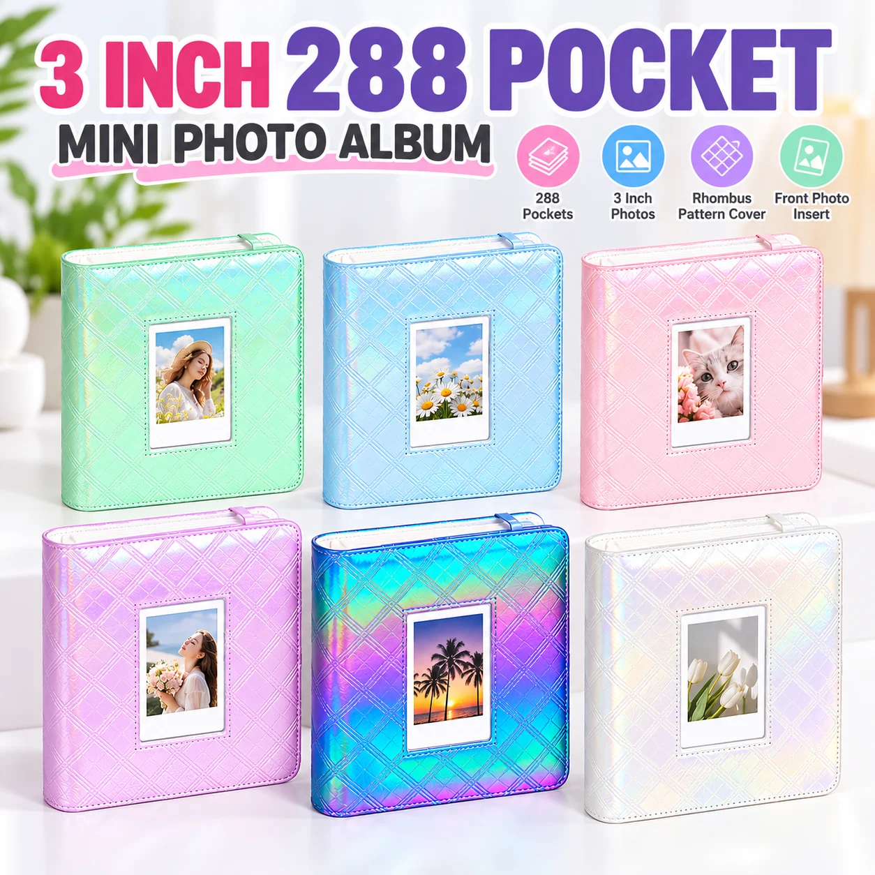 288 Pockets 3 Inch Mini Photo Album for Fujifilm Instax Mini 11 12 13 99 41 Evo Link, Large Capacity Quilted Photo Storage Book