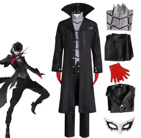 Image of Anime Persona 5 Joker Cosplay Kostüm Spiel P5 Rain Palace Lotus Cosplay Komplettes Kleidungsset Handschuh Maske Schwarzer Mantel Uniform