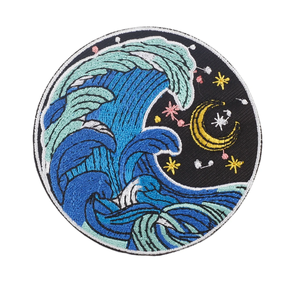 Stars Moon Starry Sky Embroidered Waves Patch Iron on Patches Jacket Thermadhesive Applique for Clothes Logo Heat-adhesive Badge