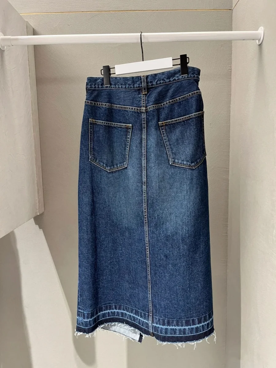 

FOG SACAI 2024 Spring Summer Versatile A-Line Midi Denim Skirt High Waist Splice Asymmetrical Hem Cotton Polyester Blend