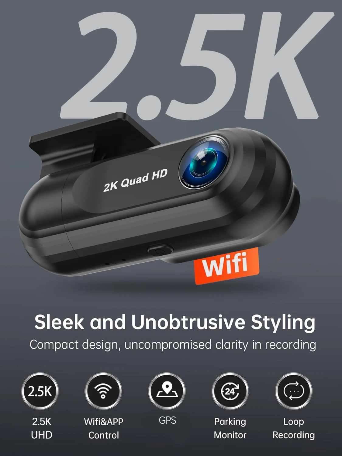 Mini 2K Dashcam WiFi Auto-DVR-Kamera Dashcam unterstützt GPS, Loop-Aufnahme, Nachtsicht, G-Sensor, Parküberwachung, Fahrtenschreiber – Detail 1