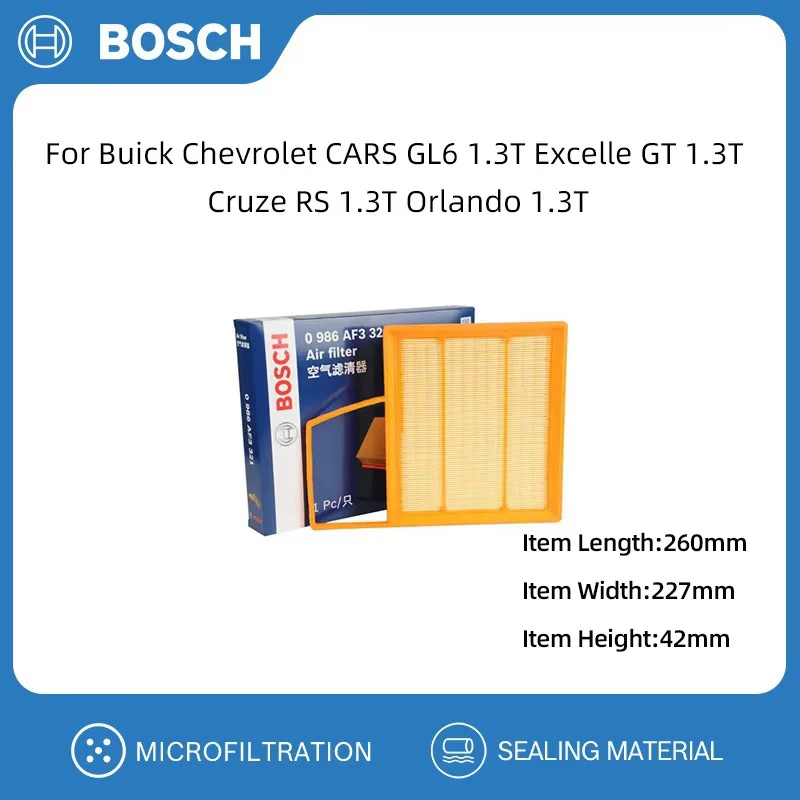 BOSCH Air Filter For Buick Chevrolet CARS GL6 1.3T Excelle GT 1.3T Cruze RS 1.3T Orlando 1.3T 26694183