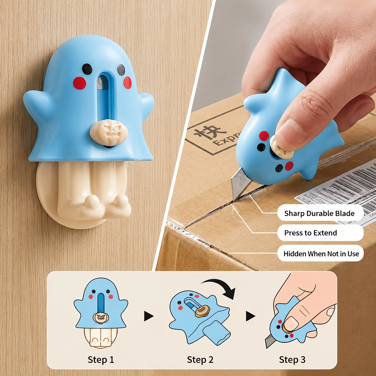 3 Pieces of Randomly Colored Cute Ghost Pumpkin Mini Utility Knives with Self-Adhesive Wall Hooks, Cartoon Unboxing Knives, Suitable for Cutting Paper, Opening Packages, Desktop Storage, and Daily Use. Halloween and Christmas Gifts