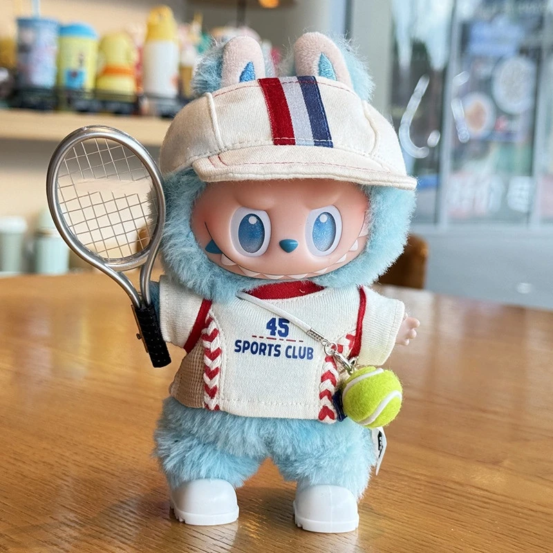 

15/17cm LABUBU Doll Clothes 1st-3rd Gen High-Energy Baseball Girl Sportswear Beige T-Shirt Baseball Cap Tennis Racket