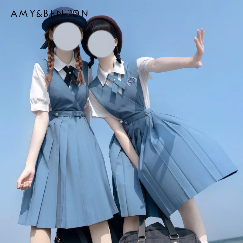 

2024 New Japanese Style JK Uniform Original White Color With Lapel Short Sleeve Blue Shirt Strap Cross Midi Skirt Suit For Girls