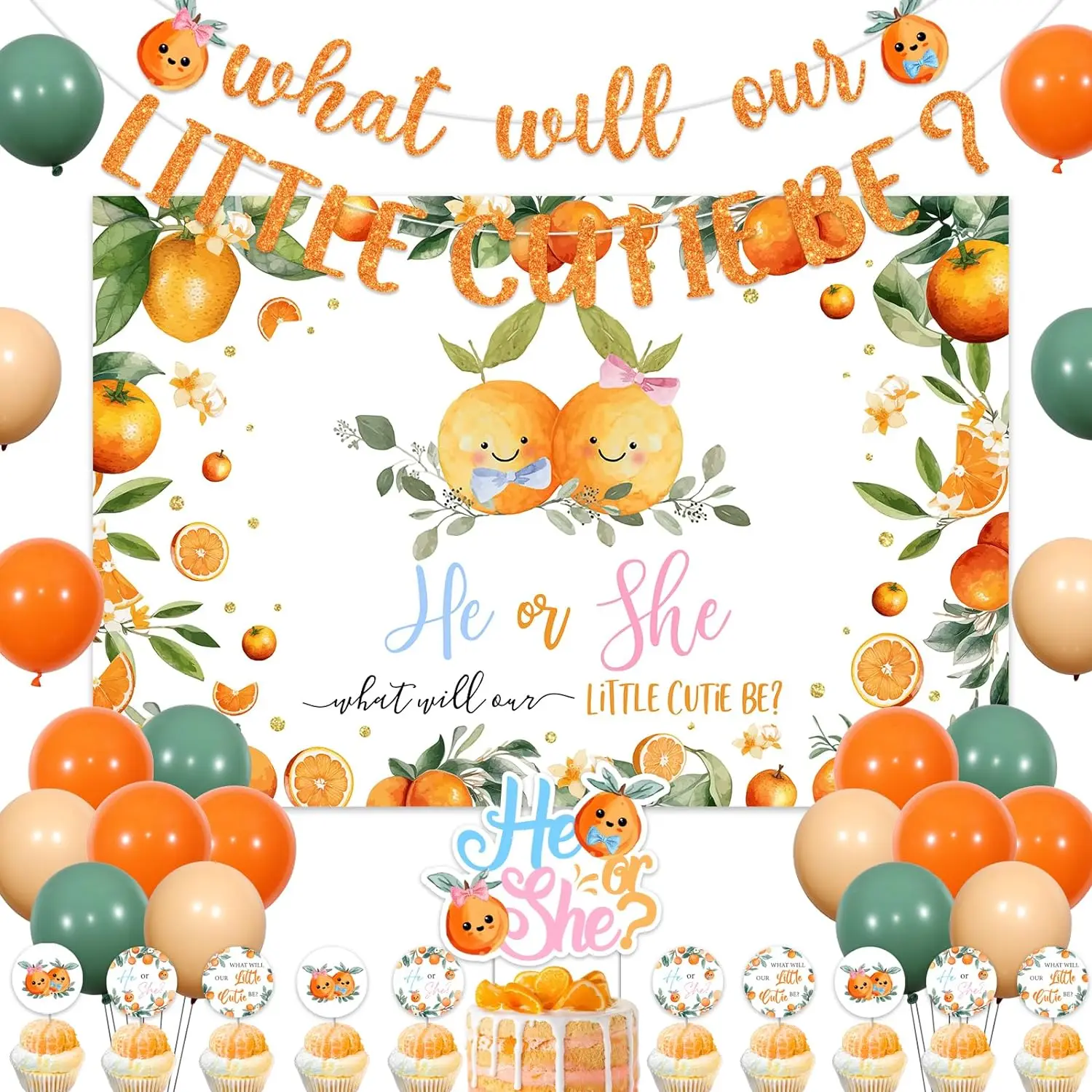 

He or She What Will Our Little Cutie Be Gender Reveal Decor Backdrop Balloons Cake Cupcake Toppers Banner for Orange Baby Shower