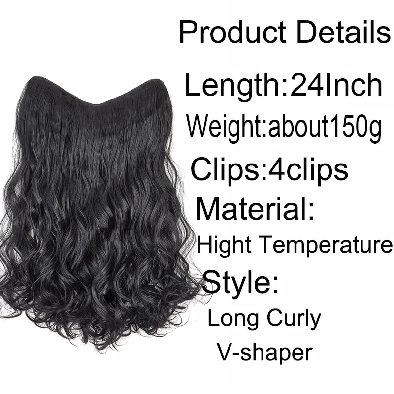 Extensión de cabello sintético largo y rizado de 24 pulgadas, pieza única con forma de V, invisible, negro y marrón 3