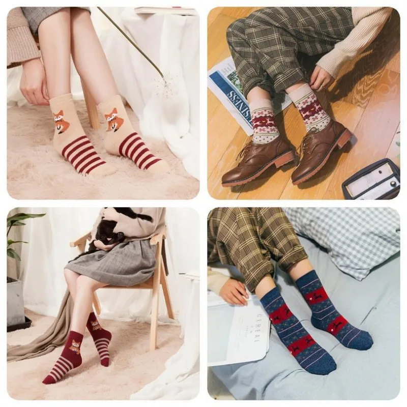 5Pairs/Set Christmas Socks Women Girl Cute Soft Elk Striped Middle Tube Socks Lovely Cartoon Animals Warm Xmas Gifts