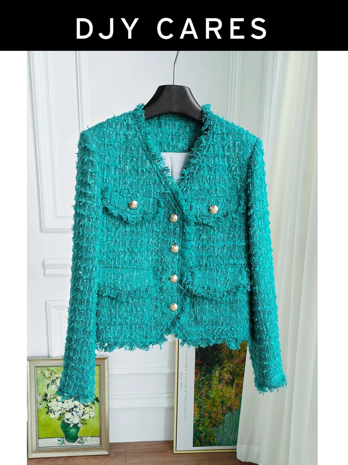 

New Bold tweed elegant socialite fringe green jacket V-neck top