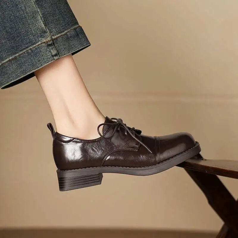 Krazing Pot Microfiber Fashion Round Toe Chunky Heels Spring Autumn Lace Up Plus Size 43 Preppy Style Chic Women Oxford Shoes