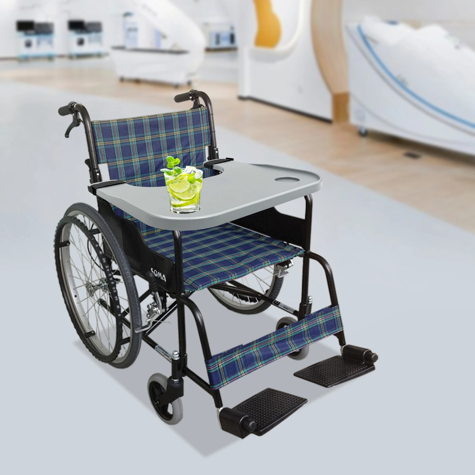 22.83*20.67in Detachable Wooden Wheelchair Tray Table with 2 Cup Holders for Wheelchairs with 14.57 To 22.83in Armrest Width