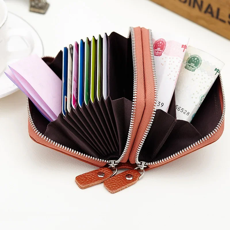 Genuine Leather Women Credit Card Holder Wallet Cowhide Leather Cardholder Men Card Purses with Zipper Coin Pocket
