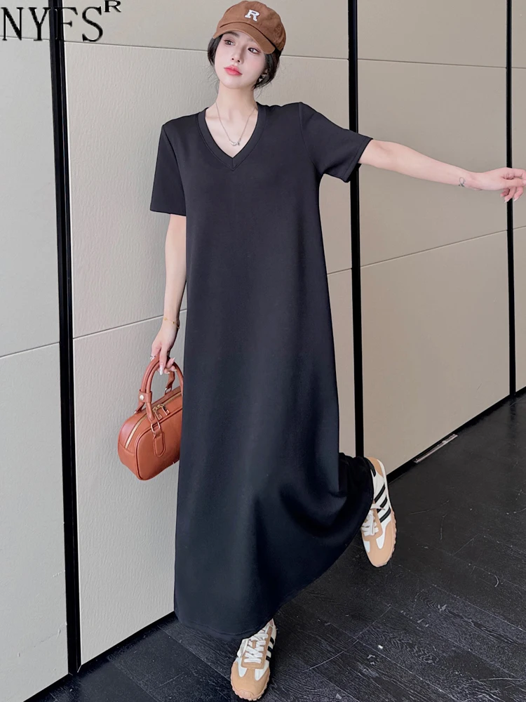 

NYFS 2024 Summer New Korea Woman Dress Vestidos Robe Elbise Loose Plus Size Space Cotton V-Neck Black Short Sleeve Long Dresses