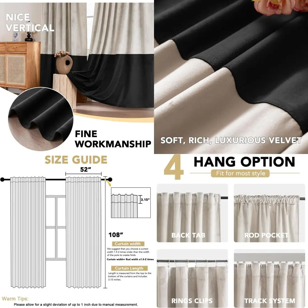 

Thermal Insulated Velvet Patchwork Curtains, Soundproof & Darkening, 2-Panel, Oatmeal/Black, 52x108 for Living/Bedroom