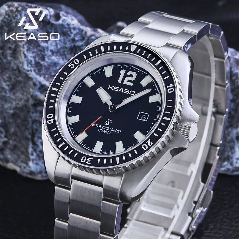 KEASO Men Quartz Watch Sapphire Mirror Ceramic Bezel 200M Waterproof C3 Luminous Solid 316L Steel Dive Quartz Movement Watch Men