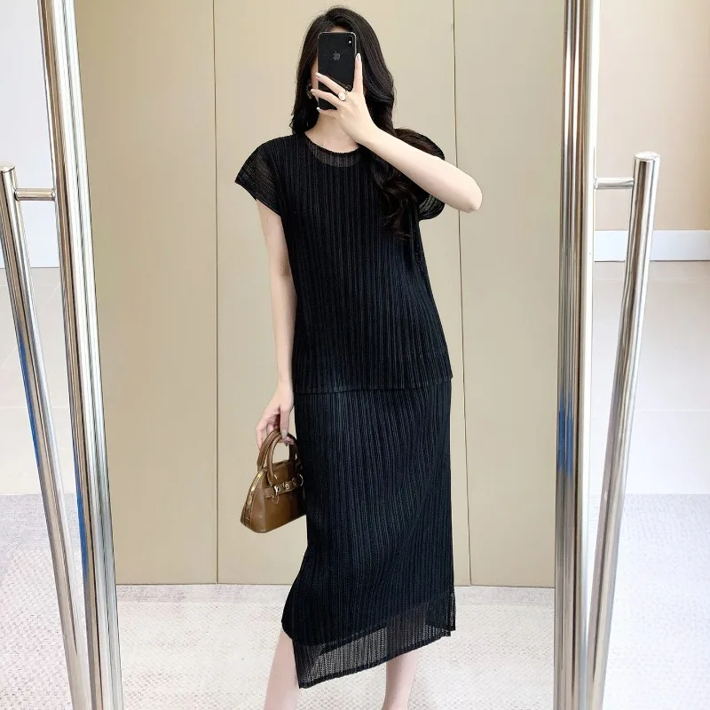  Pleated T-Shirt 2026 Summer Double-Layer Mesh Short-Sleeve Top Women's Stretch Skirt Simple Elegant Draped Commuter Set image 3