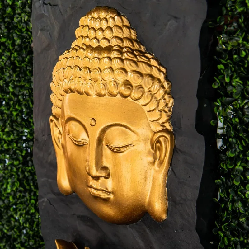 Fuente de agua de jardín al aire libre Zen de Buda de pared de resina de fibra de 30 pulgadas H con luz LED cálida, dorada