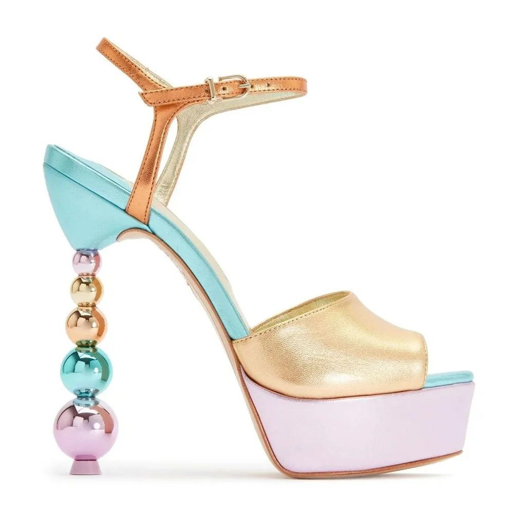 Sweet Pastel Leather Platform Sandals Color Block Beaded Stiletto Heel Ankle Strap Playful Elegant Design Summer Vibrant Style image 3