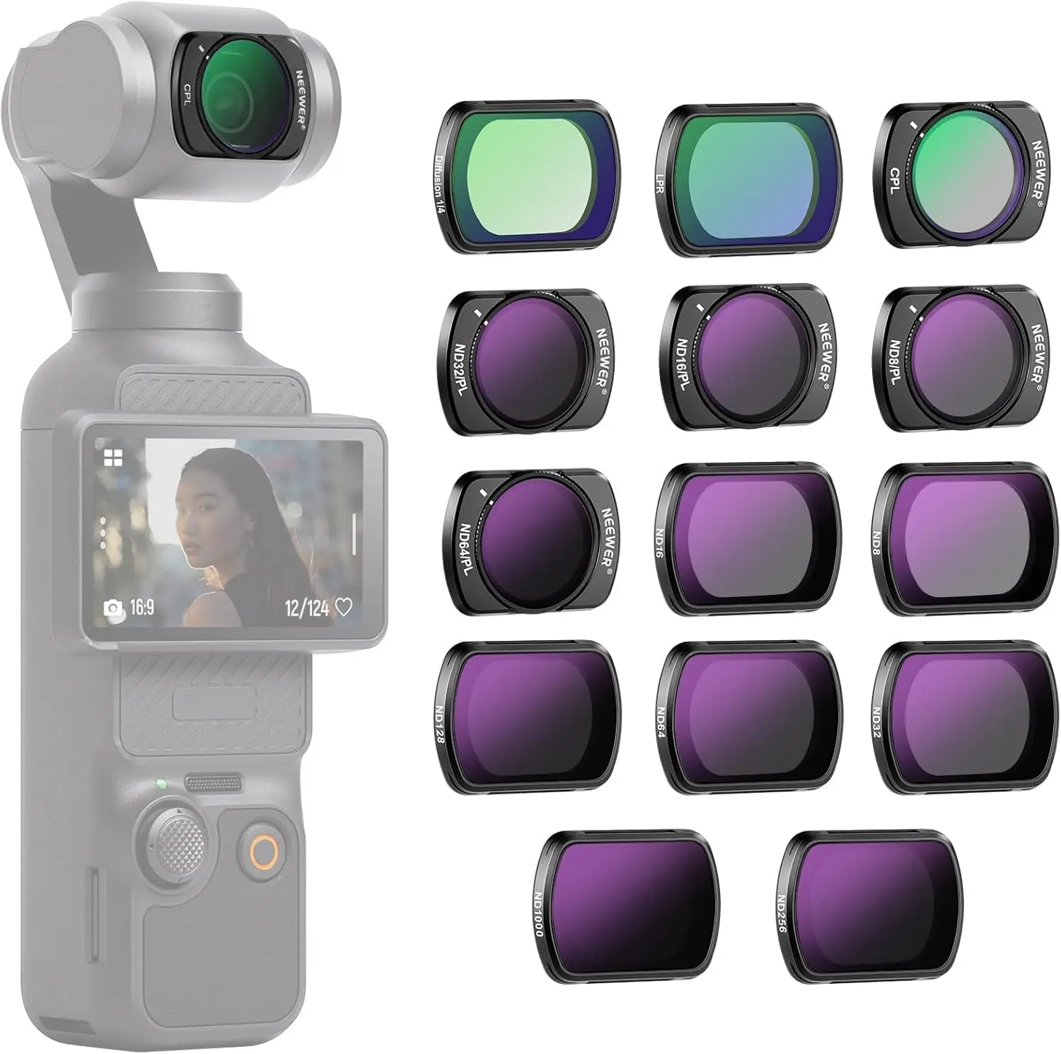 NEEWER Magnetische ND & CPL & Effectfilterset voor DJI OSMO Pocket 3, 14-pack CPL ND8/16/32/64/128/256/1000 ND8/PL ND16/PL ND32/PL