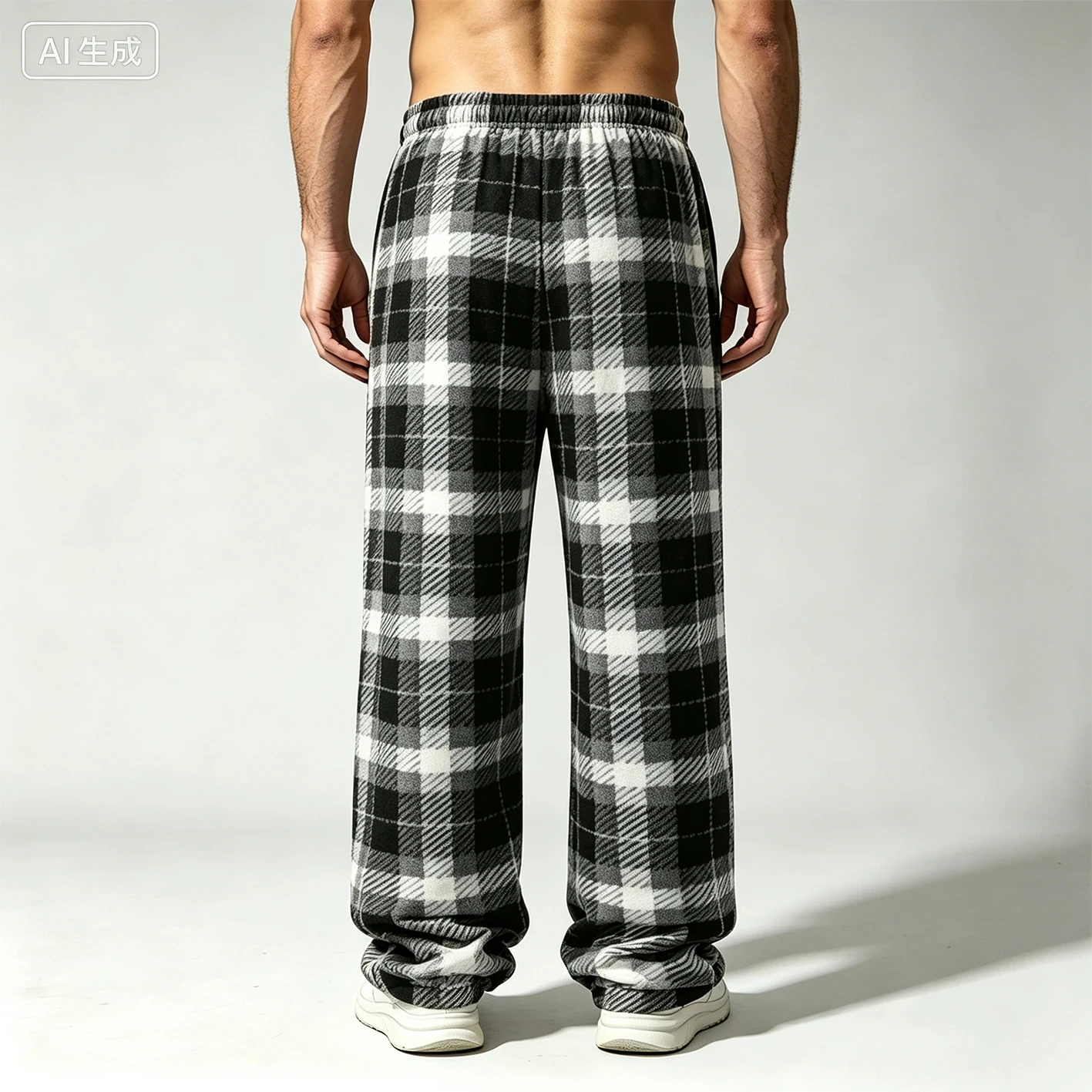Men Plaid Fleece Wide Leg Pants, Elastic Waist Drawstring, Loose Baggy Casual Trousers, Black White Check Warm Winter Pants - view 2