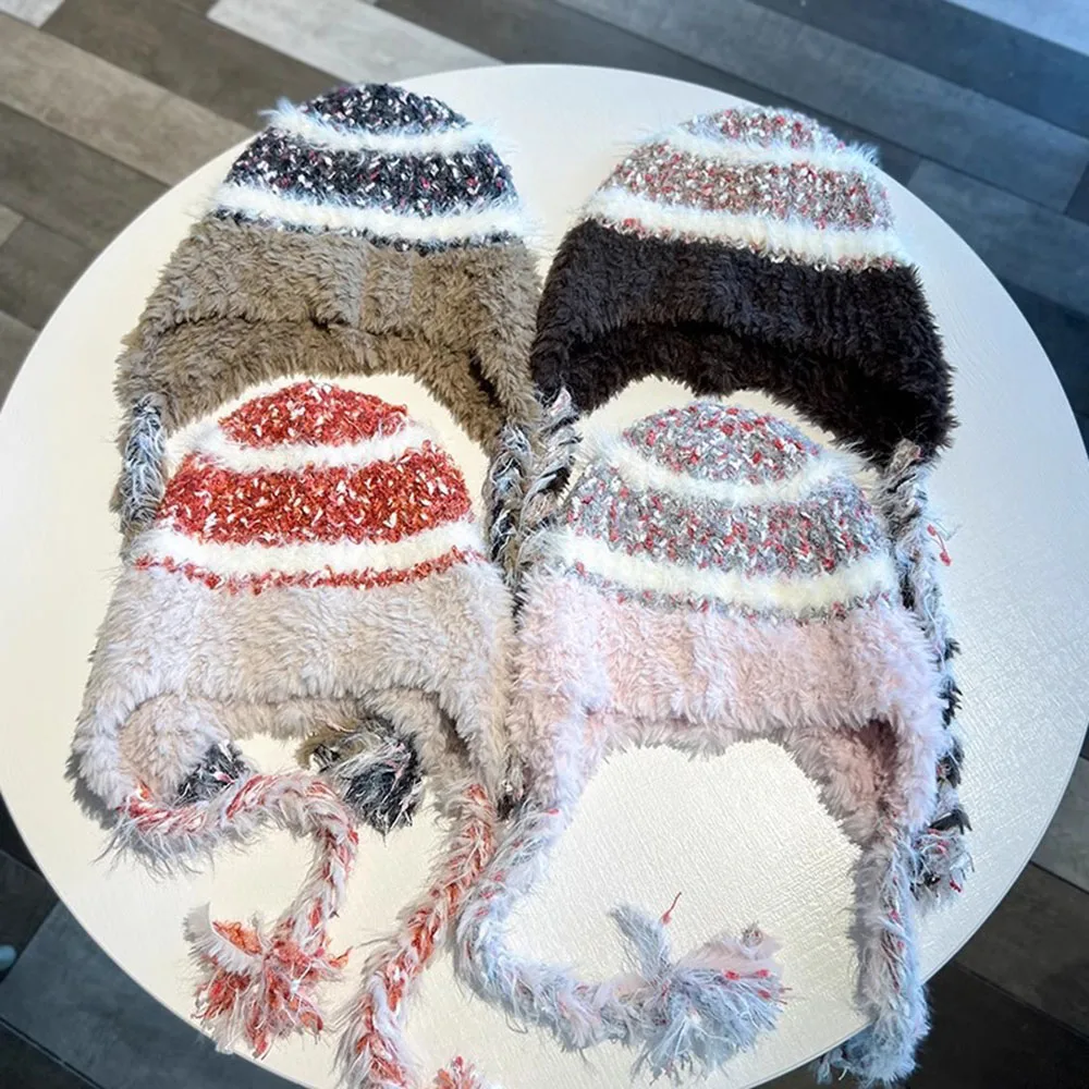 Y2k Cat Ear Plush Winter Knitting Hat For Women Beanies Cap Striped Colorfur Women Girls Warm Aautumn Winter Warm Harajuku Cap