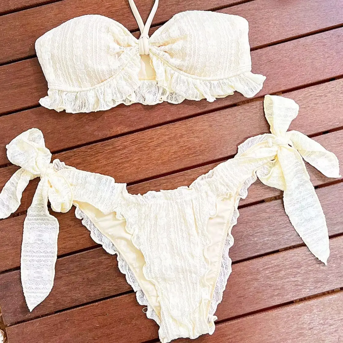 DEKA Women Brazilian High Waist Ruffled Bandeau Bikini Set Strapless Pleated Ruched Swimsuit Bathing Suits Swimwear