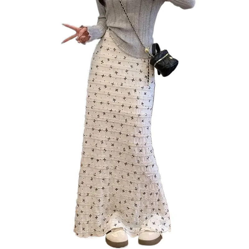Vacation Style Skirt Knot Print Lace Hollow Out Floral Fish Tail Half Skirt Slimming Pure Desire Long Skirt Korean Version 2026