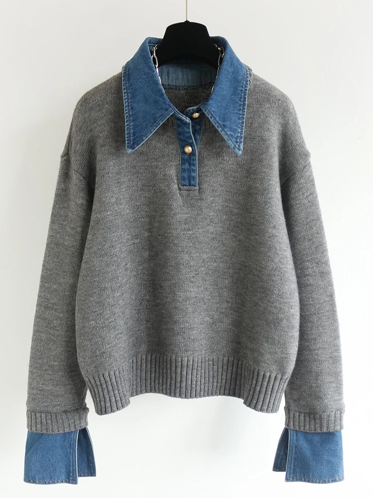 

Осень-зима, свободный вязаный свитер, искусственный двухсекционный дизайн, женская верхняя одежда Faion, топ, теплый Feat Long Sve