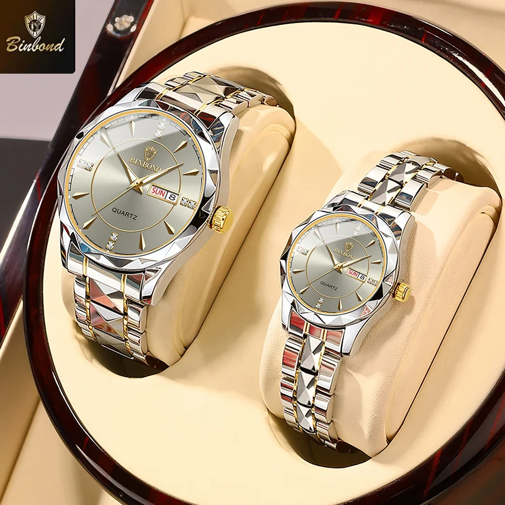 BINBOND Fashion Couple Watches Waterproof Diamond Valentine Day Lover Gift Stainless Steel Watch Men Women Quartz Watch 2pcs