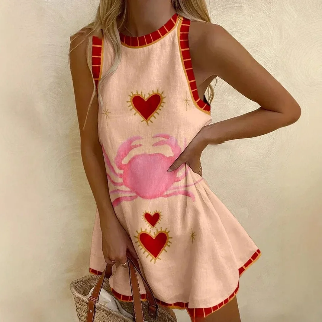 ชุดเดรสวันหยุดใหม่ 2025 ชุดเดรสฤดูร้อนชายหาดพิมพ์ลายเซ็กซี่สีขาวแขนกุด ชุดเดรสแฟชั่นลำลองสำหรับงานปาร์ตี้ ชุดมินิเดรสผู้หญิง