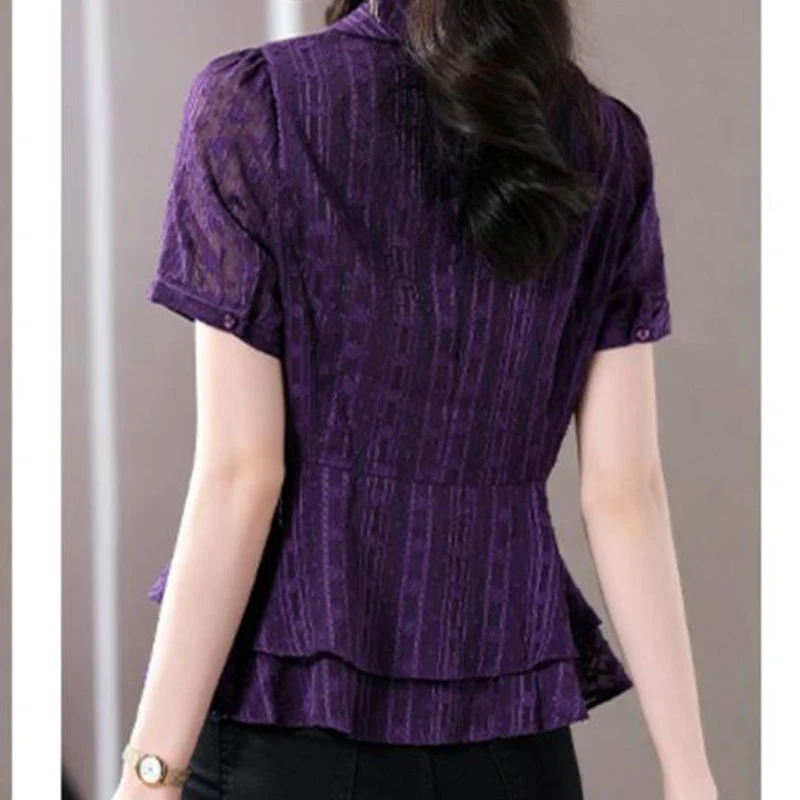 Summer Elegant Fashion All Match Ornate Chic Shirt Office Lady Solid Color V Neck Short Sleeve Buttons Ruffles Asymmetrical Top