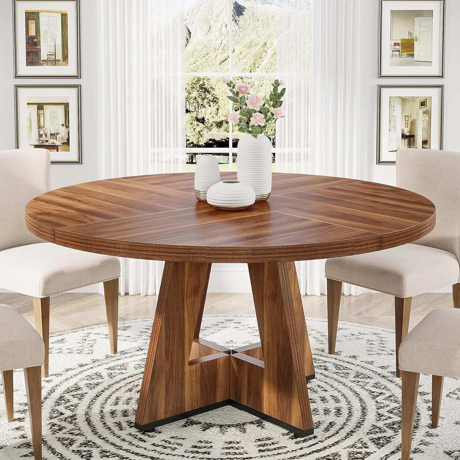 

47" Round Wood Dining Table for 4-6, Farmhouse Accent Furniture w/ Wooden Top & Cross Base, Rustic Brown
