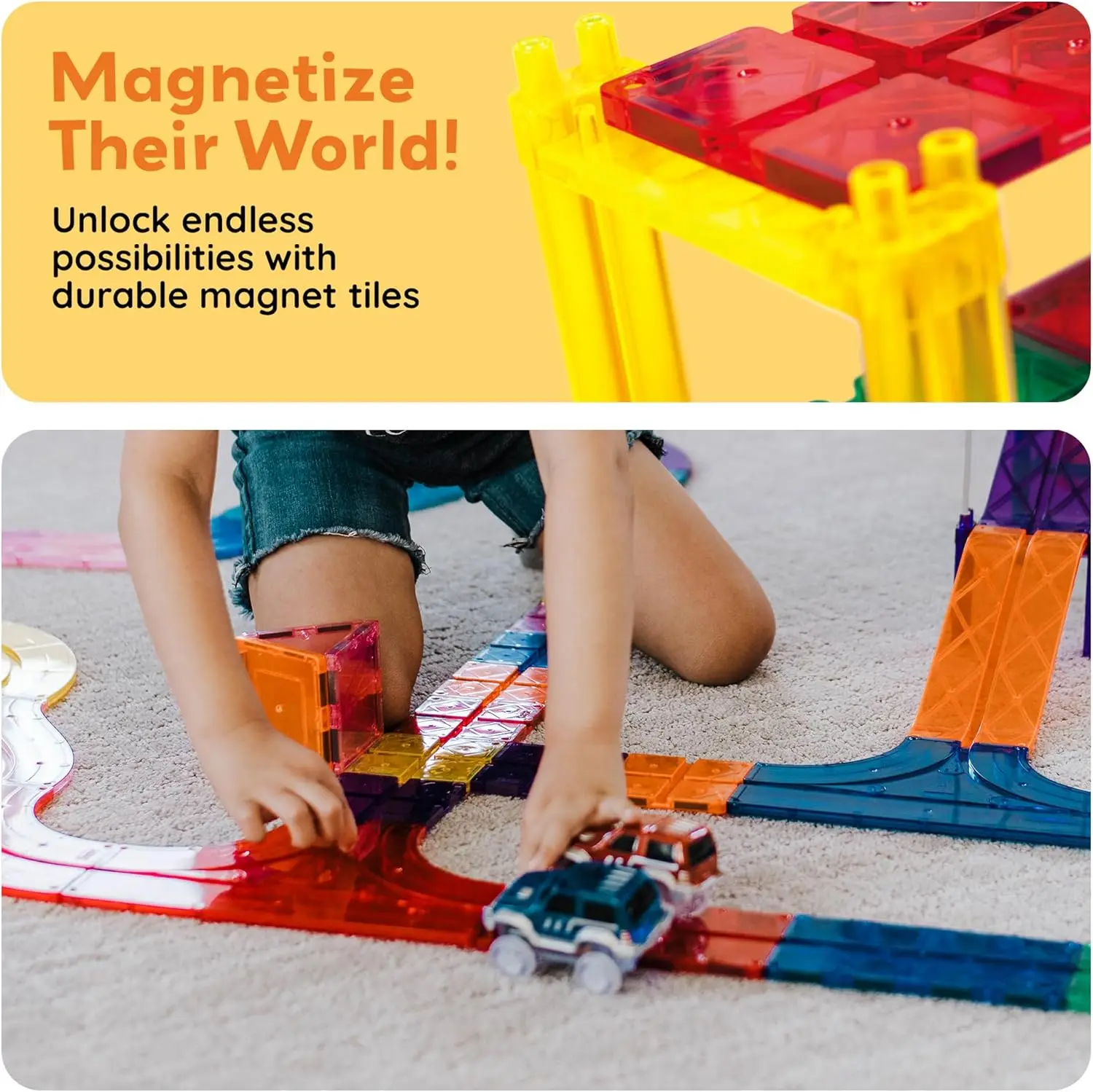 50 szt. Magnetyczne Płytki Toru Wyścigowego Zabawka Edukacyjna dla Dzieci z 2 Świecącymi Ciężarówkami STEM Przedszkolne Nauka Magnetyczne Płytki Zabawki dla Maluchów B