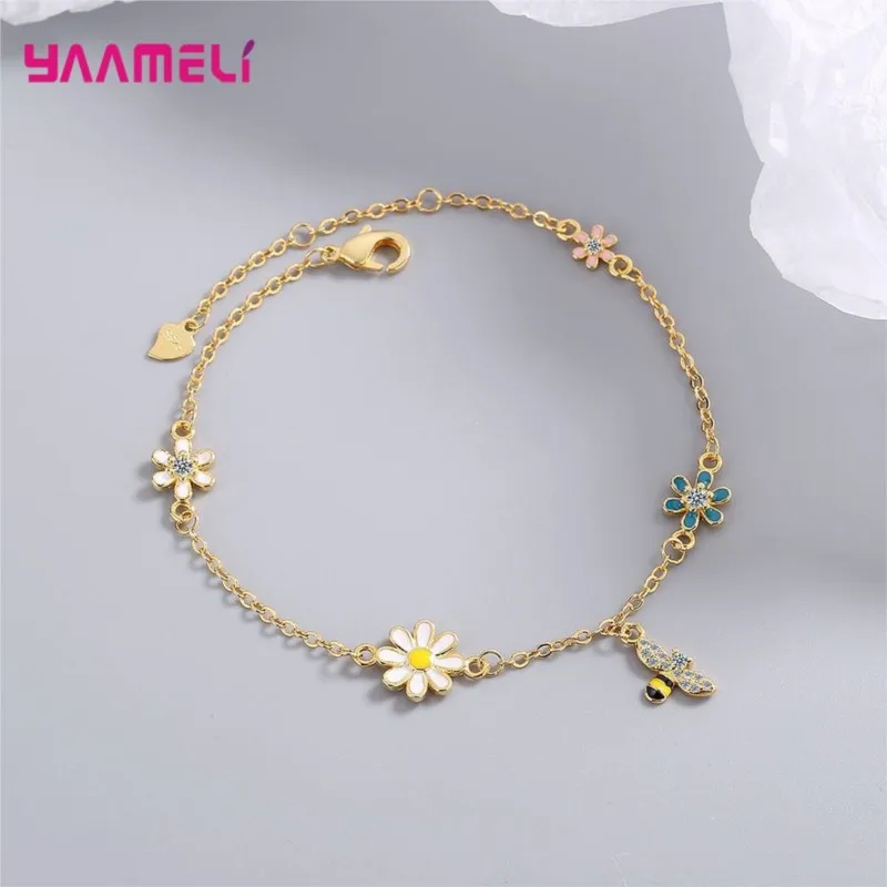 

925 Sterling Silver Cute Flower Gold Charm Bracelet For Women Girls Friendship Gift Fashion Jewelry