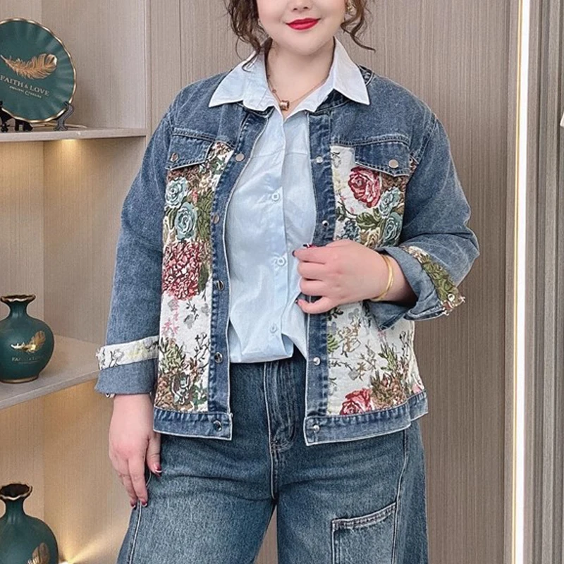 Women's Plus Size 2025 Spring Chinese Style Embroidered Denim Jacket, Long Sleeve Coat With Patchwork Design, Casual 8286