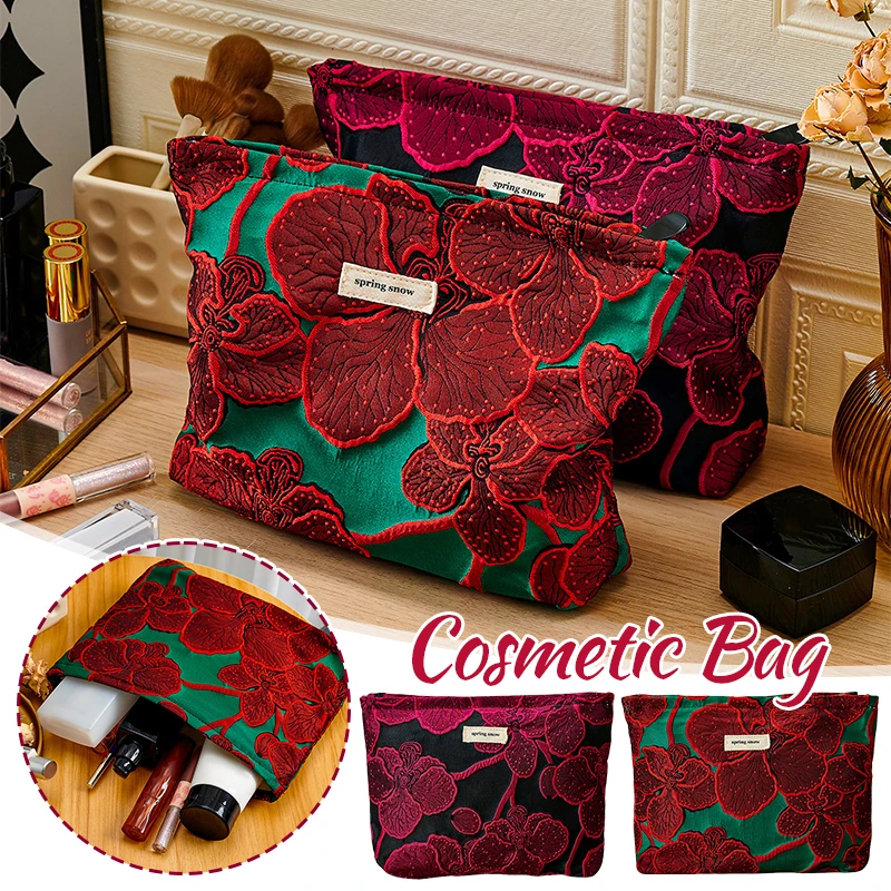 Luxury Floral Makeup Bag for Women Red Flower Canvas Travel Toiletry Organizer Cosmetic Pouch Fashionable Ladies Accessory